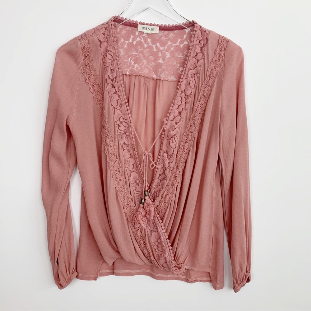 Taylor & Sage Long Sleeve Salmon Wrap Top XS